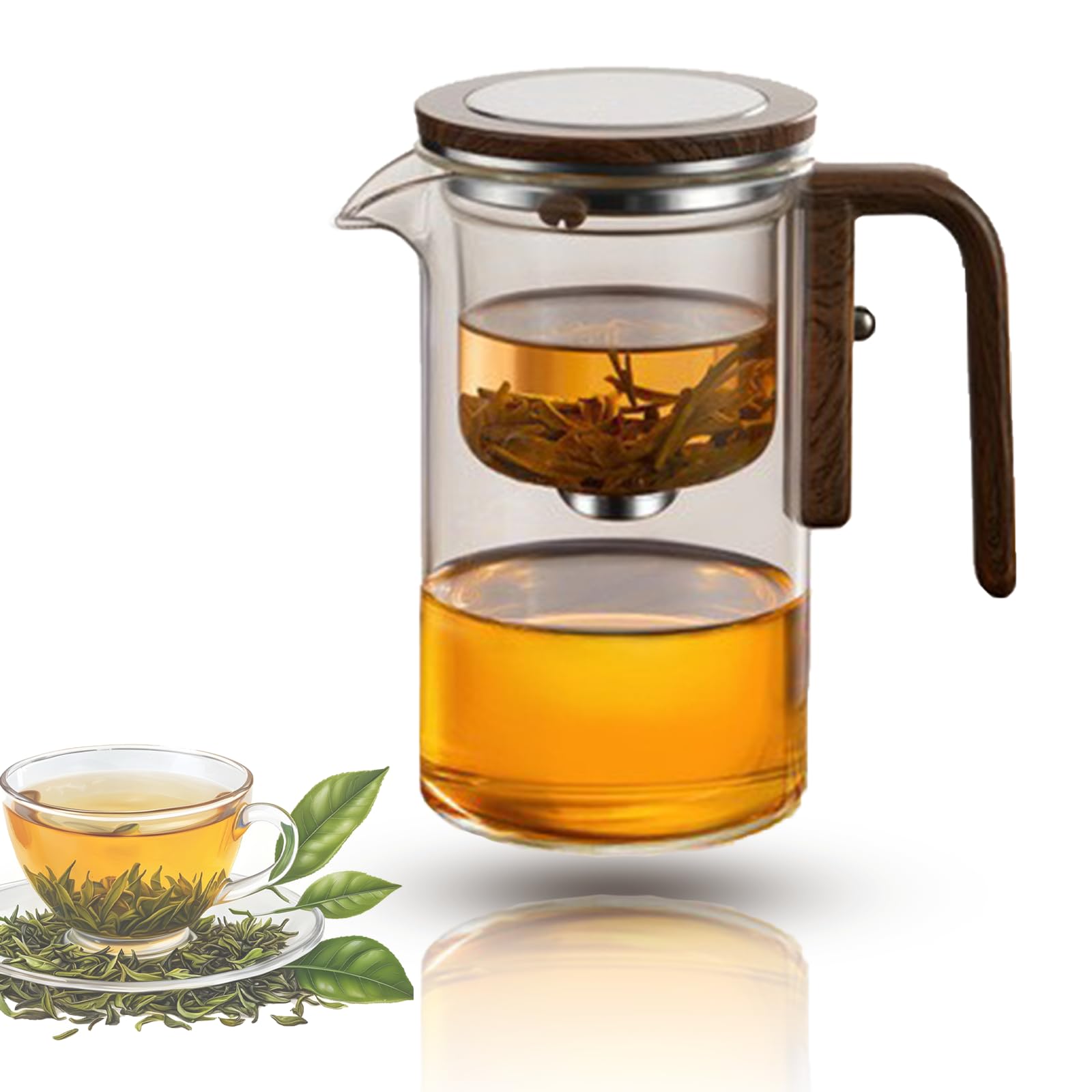 Théière magique Enchantipot, théière Enchanti Pot, avec manche en bois, théière magique, théière de sorcellerie, théière en verre à séparation d'eau avec passoire(520-Transparent)