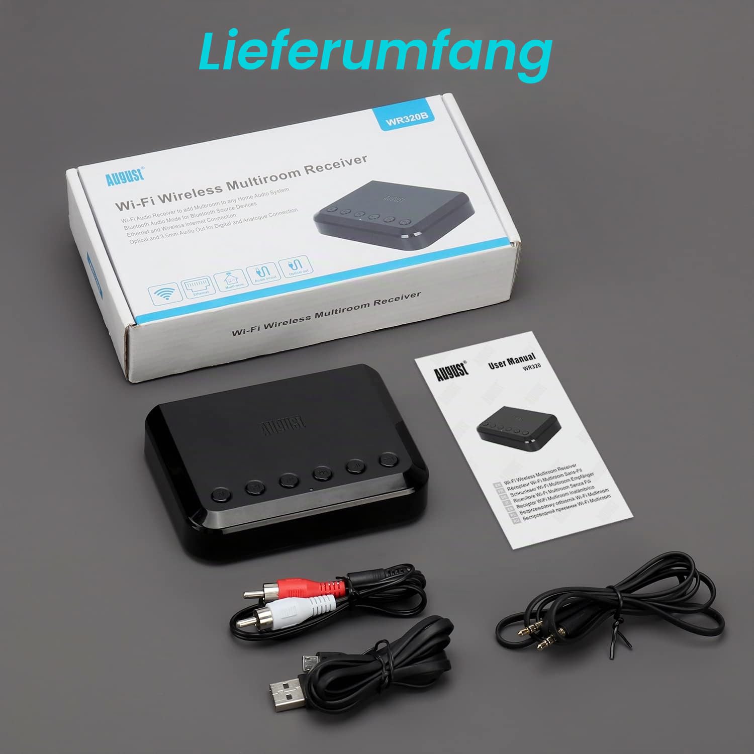 August WR320 WLAN Audio Receiver WiFi Bluetooth Multiroom Adapter für Lautsprechersysteme-kabelgebundene Lautsprecher in drahtlose Konvertieren-Aux Ethernet-kompatibel mit Airplay Spotify Radio DLNA
