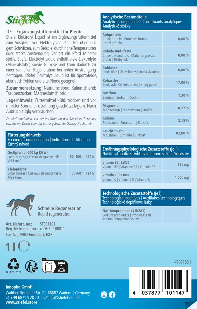 Stiefel Electrolyte Liquide pour Chevaux - Eletrolytes de qualité supérieure - pour compenser Les pertes d'électrolytes en Cas de Chaleur ou d'effort Intense - Régénération Rapide - Liquide - avec