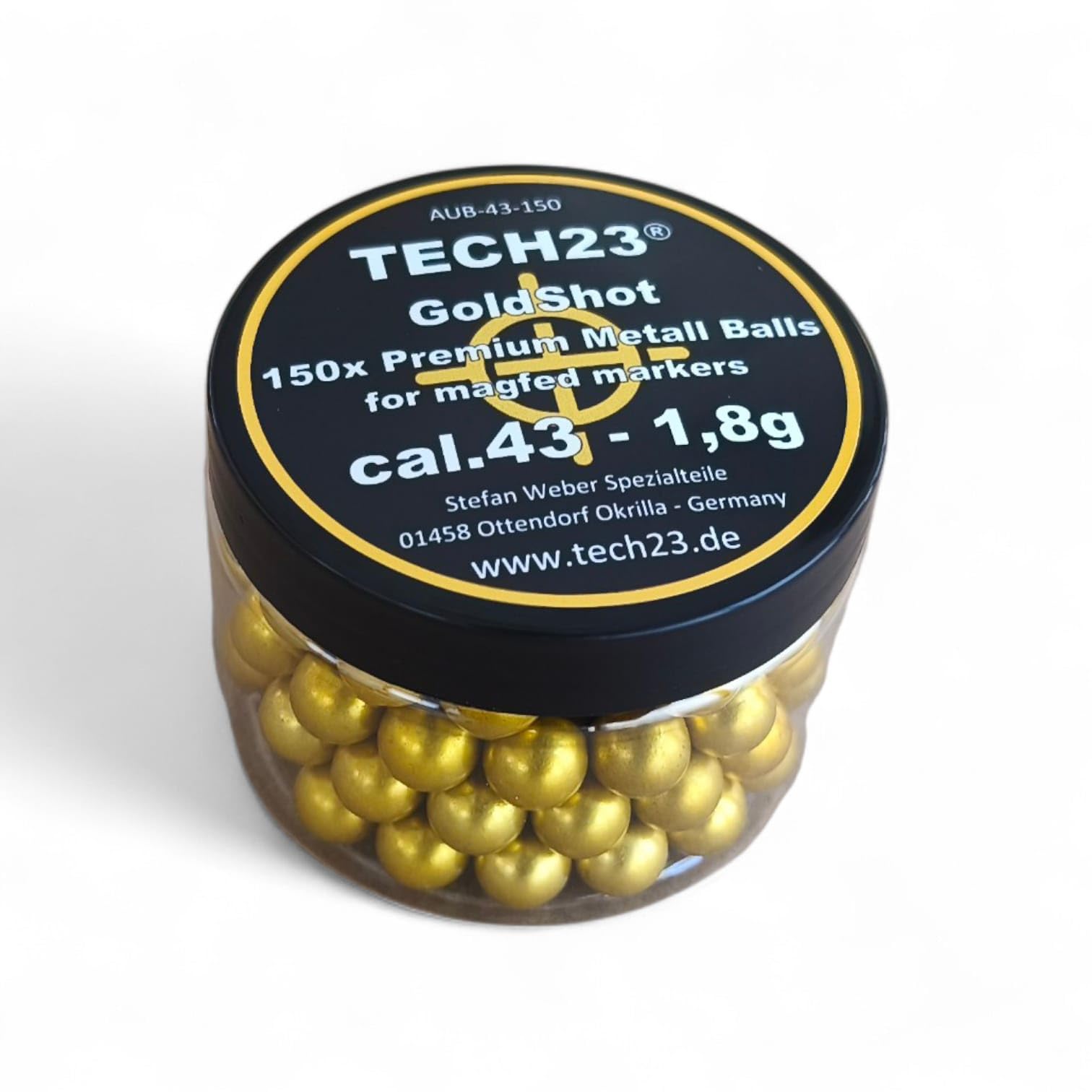 Tech23 GoldShot Cal.43 – 150 Präzisions-Alukugeln (1,8g) – Besser als Stahlkugeln - für T4E Glock 17, Walther PDP, PPQ M2, SFP9 – Harteloxierte Spezial-Kugeln für Kaliber 43