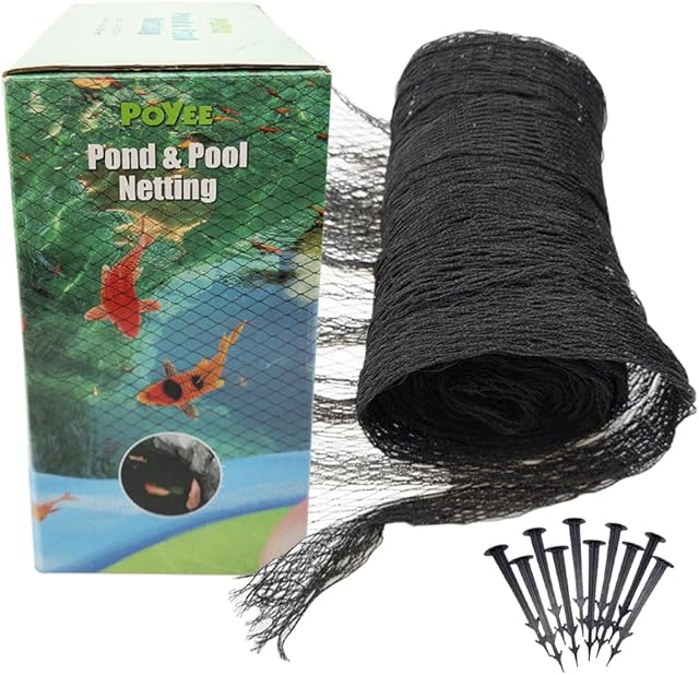 POYEE Pond Netting for Leaves 3m x 3m Pool Leaf Cover Net with Small Fine Mesh Protecting Koi Fish from Birds, Cats - Stakes Included