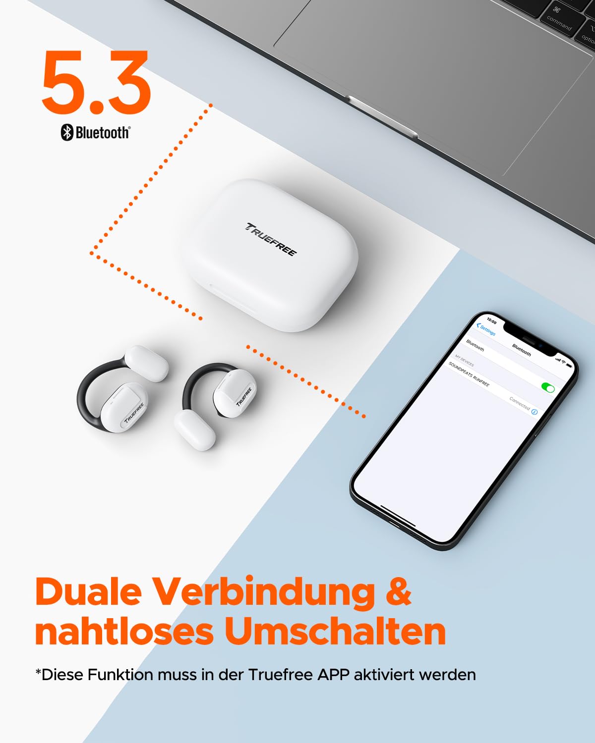 truefree O1 Open Ear Bluetooth 5.3 Kopfhörer, kabellose Ohrhörer mit dynamischen 16,2mm Audiotreibern, ENC, immersiver Stereoklang, 4 Mikrofone, 45 Stunden Spielzeit für Sport Workout Gaming (weiß)