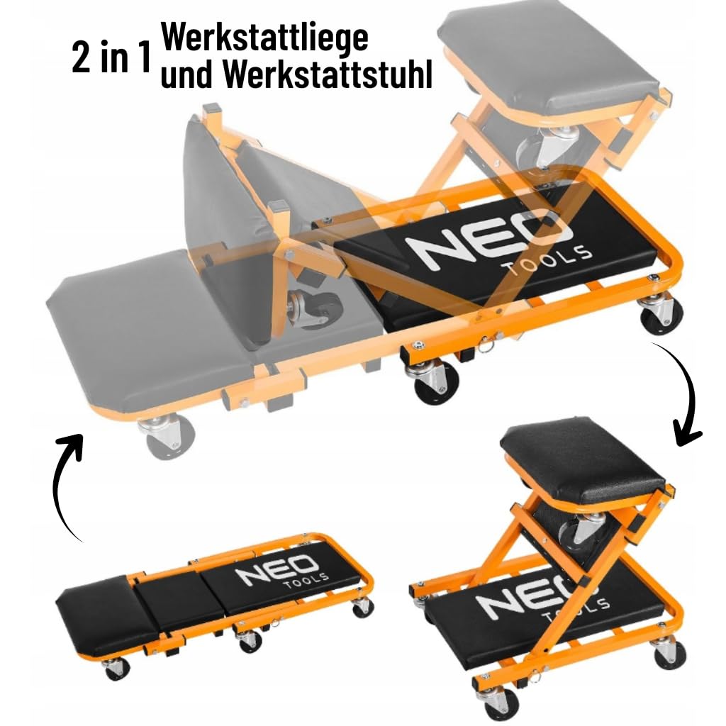 NEO TOOLS 2w1 leżanka warsztatowa na kółkach do samochodów warsztatowych, taboret montażowy, leżanka montażowa do 150 kg, wózek warsztatowy na kółkach | siedzisko obrotowe | funkcja siedzenia i