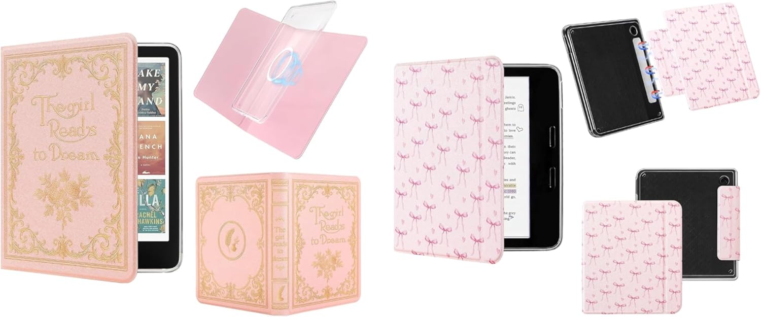 Magnetic Detachable Book Cover Case for 7" Kindle Paperwhite 12th Gen 2024 and Kindle Colorsoft Signature Edition, (Dream) Slim PU Leather Case with Auto Wake/Sleep, Pink Bow Tie