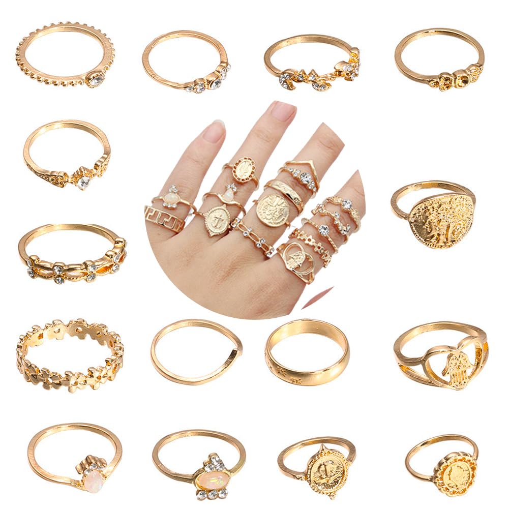 CHJFDCWomen's Stainless Steel Retro Vintage Stackable Phalange Ring Set - 15pcs Gold Plated Band Thumb Finger Rings