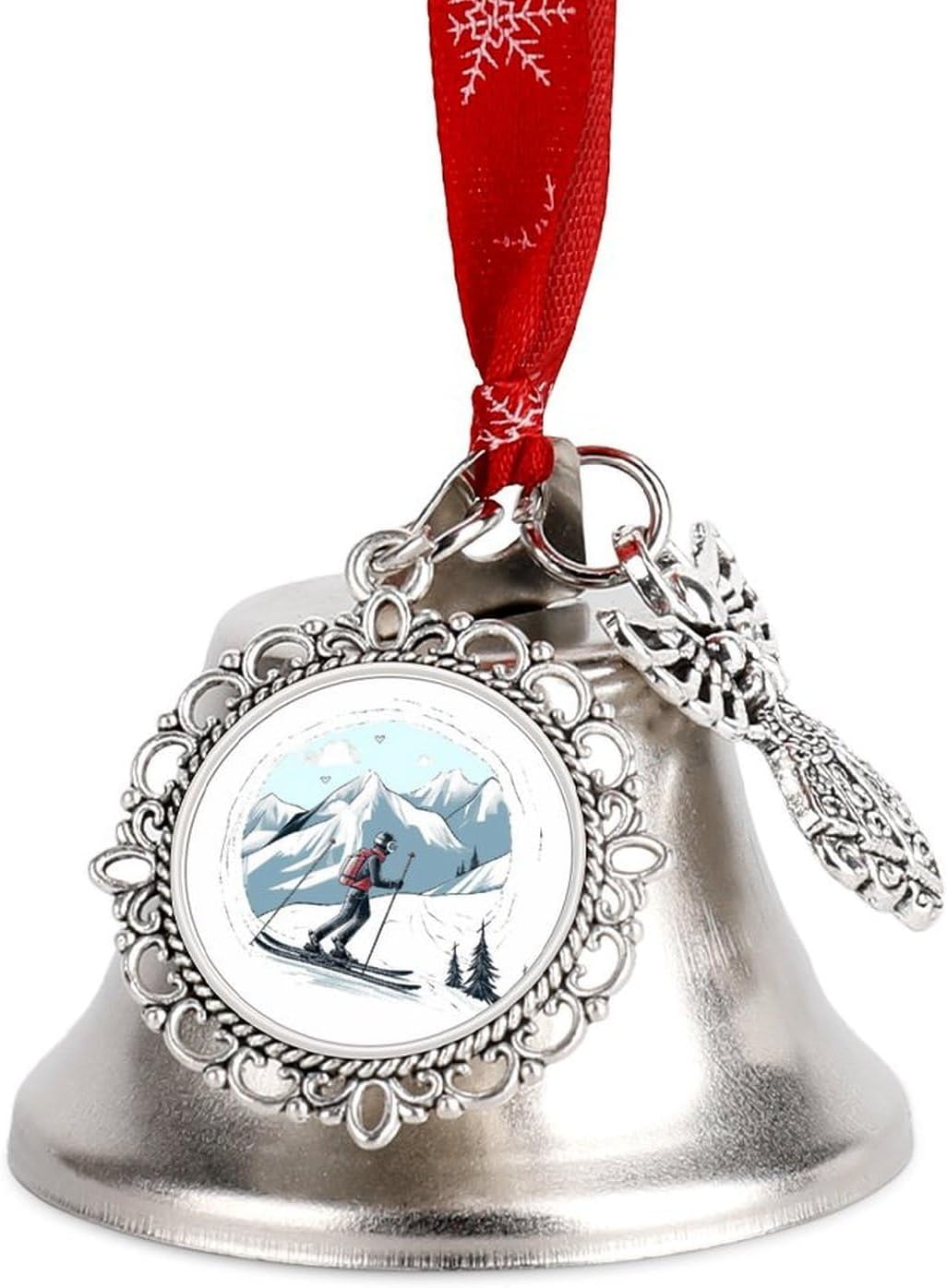 Skiing Theme Bell Ornament Red Ribbon for Christmas Tree Holiday Decoration Personality Believe Bell Ornaments Sleigh Bells for Winter New Year Party Supplies