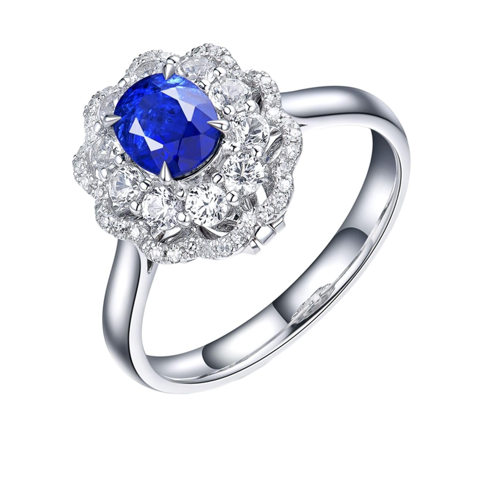 Obrączki ślubne damskie 9K / 14K / 18K / 18K, kwiat i 4 owalne szczęki z szafirem 1,07ct i diamentem, srebrne niebieskie pierścionki zaręczynowe dla kobiet