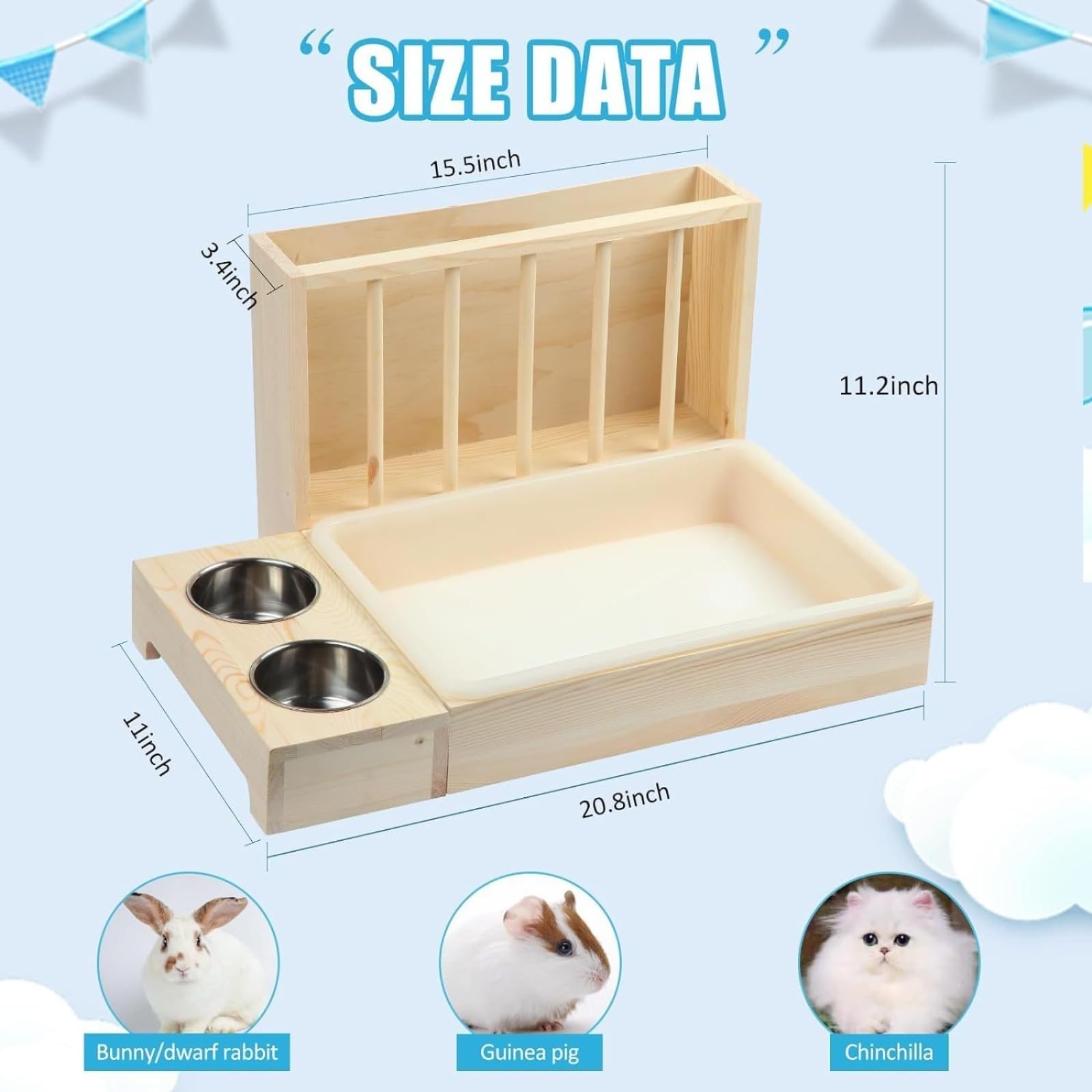 Lettiera 4 in 1 per piccoli animali da compagnia, criceti, furetto, mangiatoia, mangiatoia per fieno coniglio, mangiatoia per fieno in legno, per coniglio con vassoio (non bottiglia d'acqua)