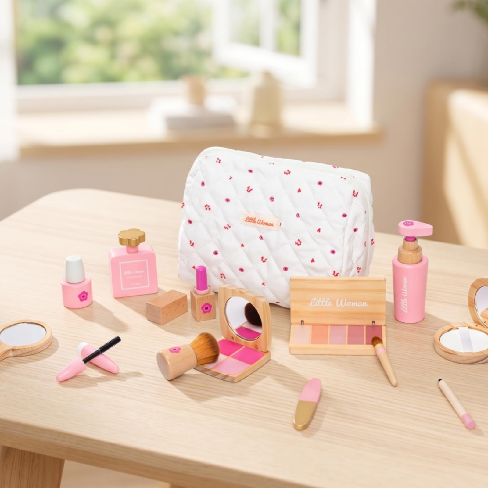 Amagogo Set Trucco Finta per Bambine Kit Cosmetico Gioco Trucco con Specchietto Pennelli Palette Rossetto Eyeliner Smalto Profumo in Legno con Custodia