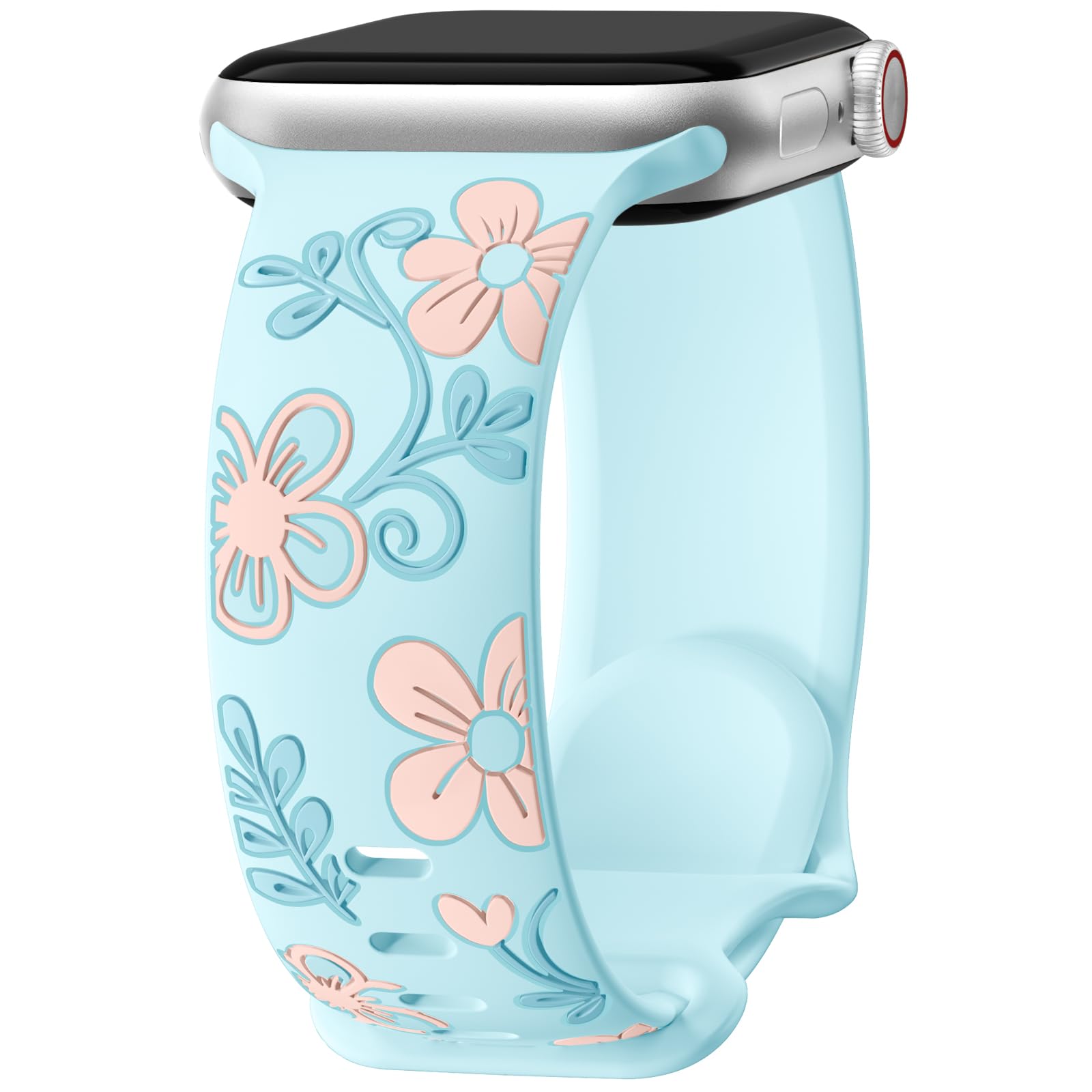 Mastten Floral Strap Compatible with Apple Watch Straps 44mm 45mm 46mm 42mm 49mm Women, Cute Flower Engraved Inlay Silicone Sport Band for iWatch SE Series 11 10 9 8 7 6 5 4 3 2 1 Ultra, Baby Blue