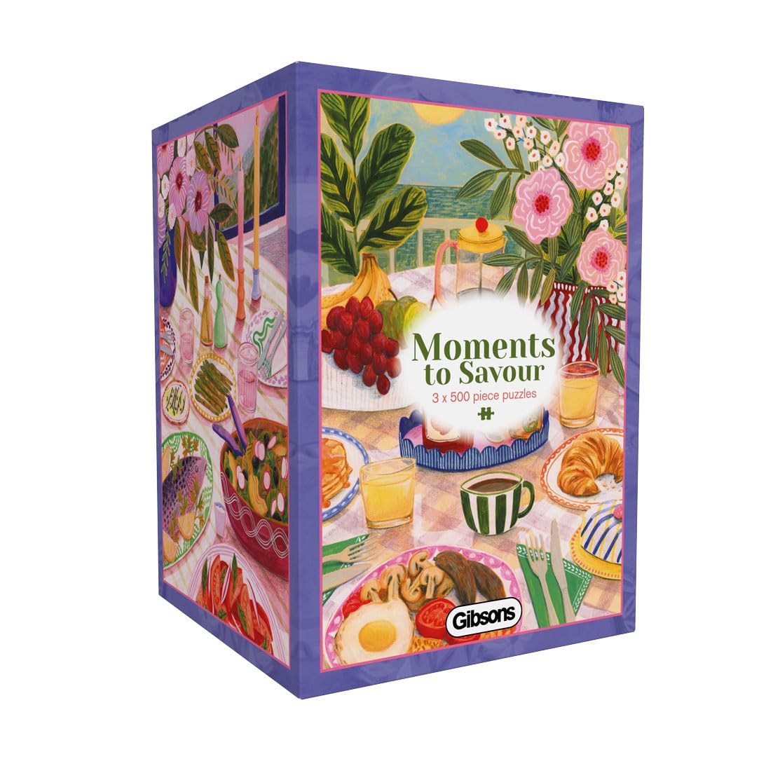Gibsons Moments to Savour 3 x 500 Piece Jigsaw Puzzle Set for Adults – Gourmet Multi-Box Gift Collection by Lee Foster-Wilson – Fish Supper, Afternoon Tea & Sunshine Breakfast – Made in UK/EU — image 1
