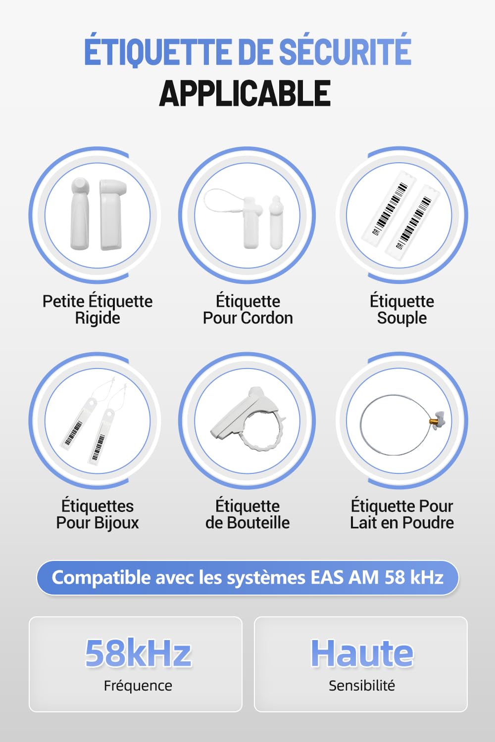 Portique Antivol AM 58kHz, Système Antivol Magasin avec Détection Haute Sensibilité et Alarme Sonore et Lumineuse, Gris, Kit avec 100 Étiquettes de Sécurité