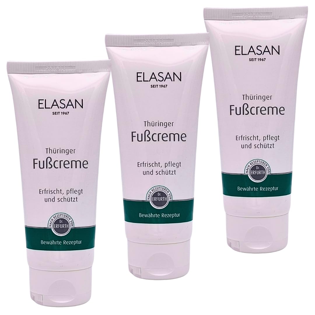 ELASAN Thüringer Fußcreme 3x 100 ml I mit Urea, Latschenkiefer-, Rosmarin- & Kokosöl I feuchtigkeitsspendend I bei Diabetes geeignet I für trockene Haut, Hornhaut I Sar-Set plus Pharma Perle give-away