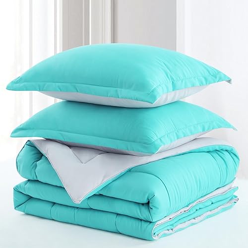 Miniatura 9 de Aisbo Juego de edredón reversible King  Juego de edredón esponjoso de 3 piezas, suave y ligero, gris turquesa, edredón alternativo para todas las
