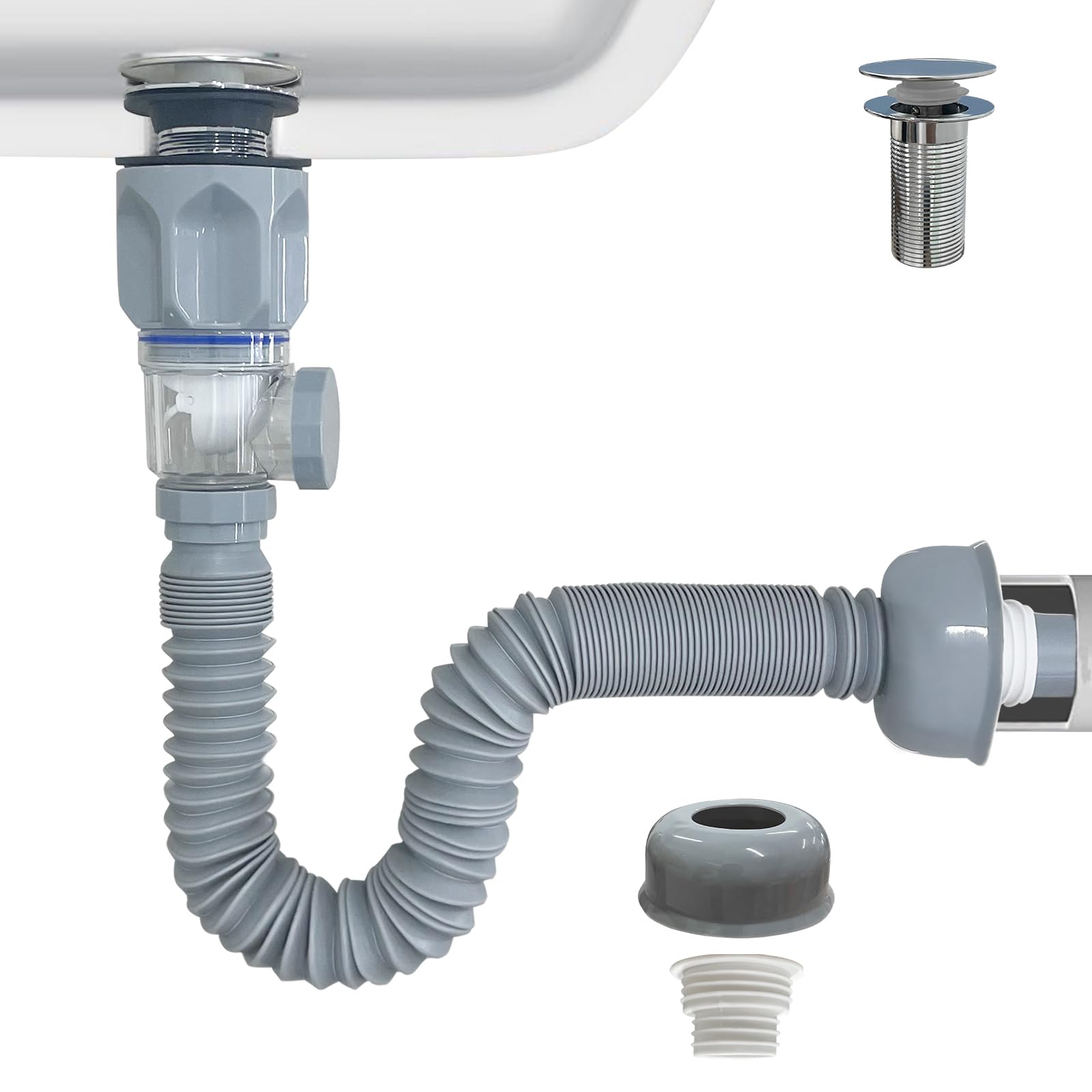 Bathroom Sink Drain Kit，Flexible Expandable P-Trap Sink Drain Pipe for 1-1/4" to 1-1/2" Drain Hole Snappy Trap Flexible Drain Pipe with Pop Up Sink Drain Stopper (Gray)-image-48