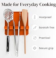 Vista 5 de Cooler Kitchen Soporte de cuchara de silicona naranja para estufa con almohadilla de goteo (paquete de dos) – Resistente al calor sin BPA Soporte