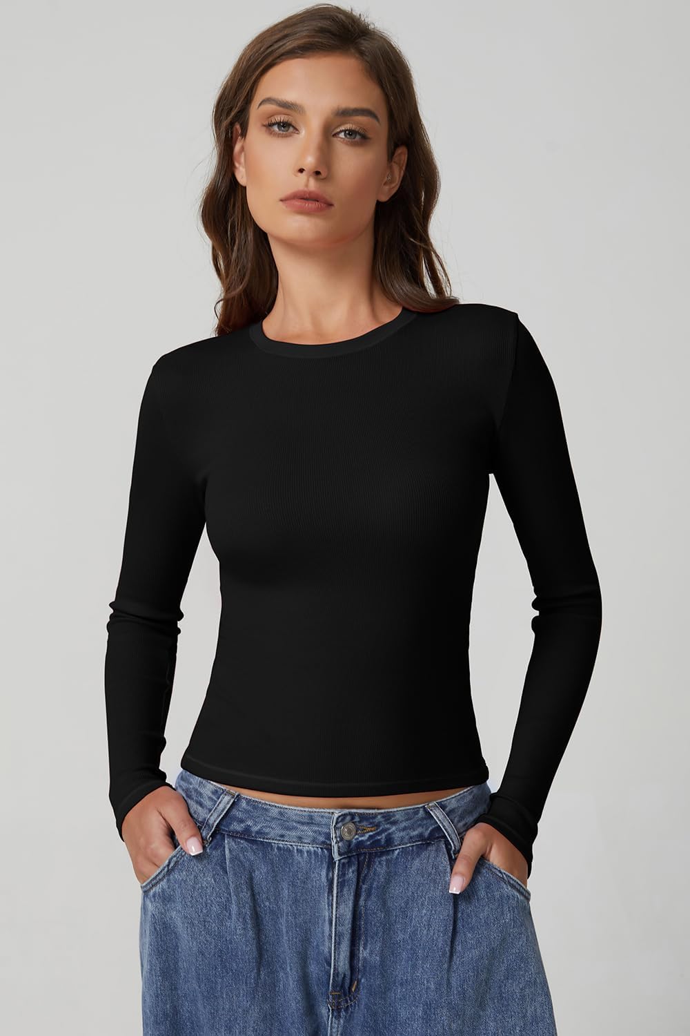 QINSEN Long Sleeve Shirts for Women Crewneck Rib Knit Slim Fit Going Out Tops Casual Basic Tee - Image 5