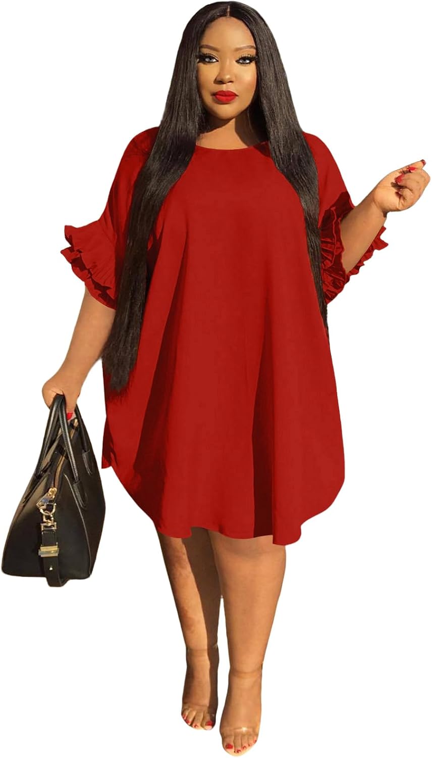 Ekaliy Women's Casual Vintage Ruffle Sleeve Loose Party Midi Plus Size Dress Casual Summer