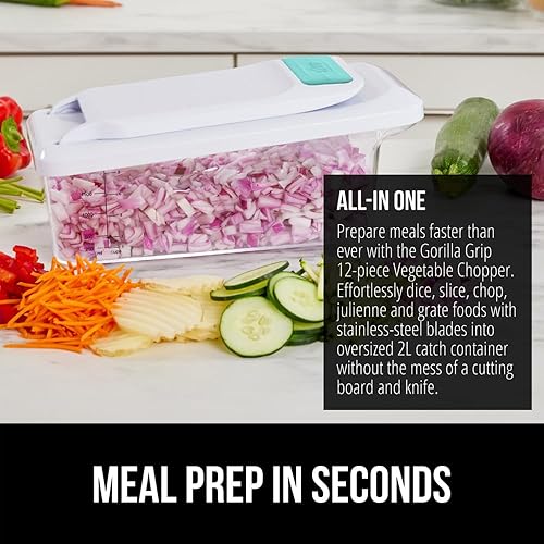 Miniatura 4 de GORILLA GRIP Picador de verduras 12 en 1 resistente, 6 cuchillas, picadores de alimentos con recipiente, cortador de mandolina de pepino, cebollas
