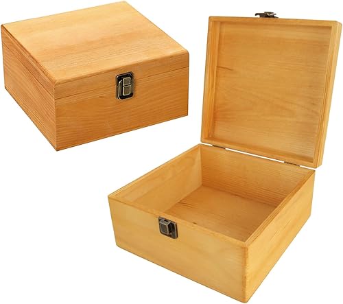 Paquete de 2 cajas de madera con tapa de 7.8 x 7.8 x 4 pulgadas, contenedor de madera con tapa con bisagras y cierre frontal, pequeñas cajas de