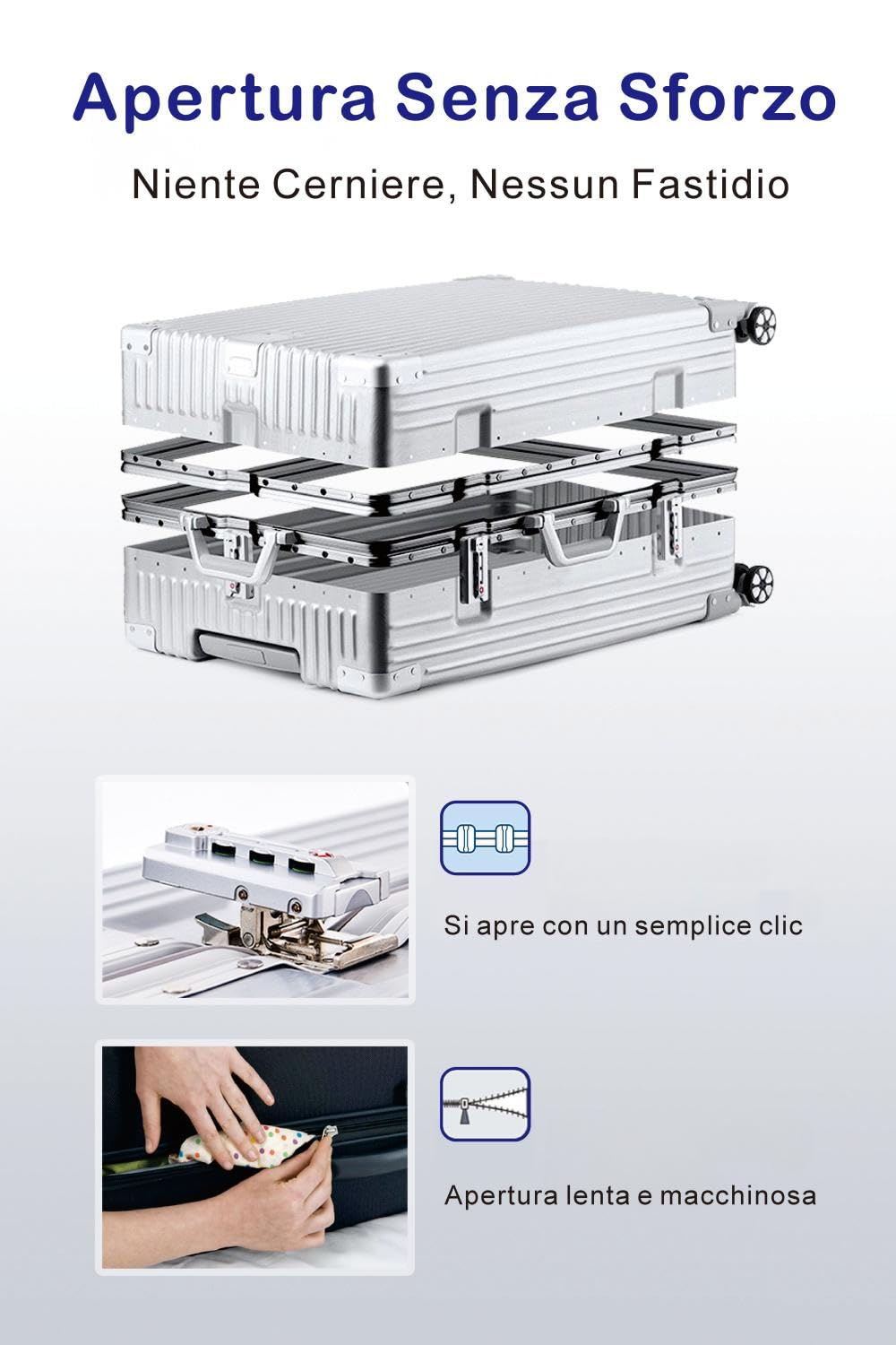 Aoliwei Valigia Bagaglio a Mano con telaio rigido in alluminio e coque in PC. Valigia Trolley con 4 Ruote Doppie Girevoli e Lucchetto TSA Integrato(M,39x24.5x57CM,42L,Nero)