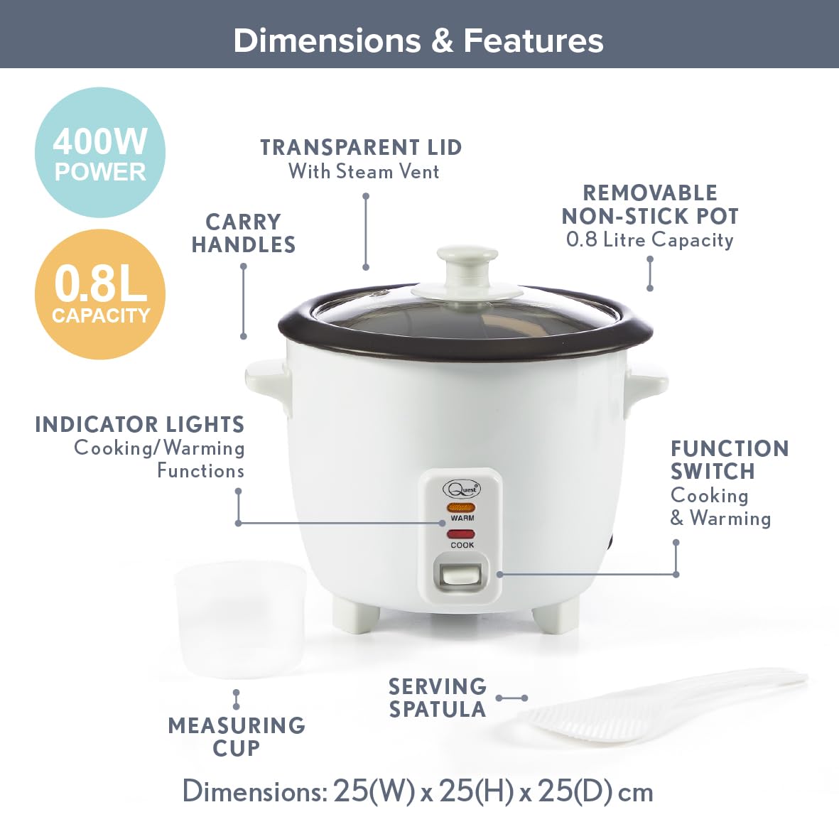 Kitchen Perfected 350W 0,8 liter automatische rijstkoker - anti-aanbak/ verwijderbare rijstkom/warm & koken indicatoren/gehard glas deksel/maatbeker /spatel/recepten inbegrepen - wit - E3302