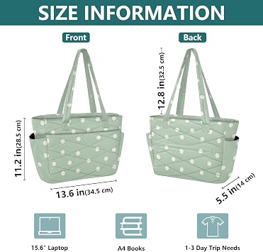 Light Green with White Dots Utility Tote Bag Travel Bag for Travel & Beach Weekend Getaway with Multiple Pockets & Zipper Compartments Bolsa para el Trabajo
