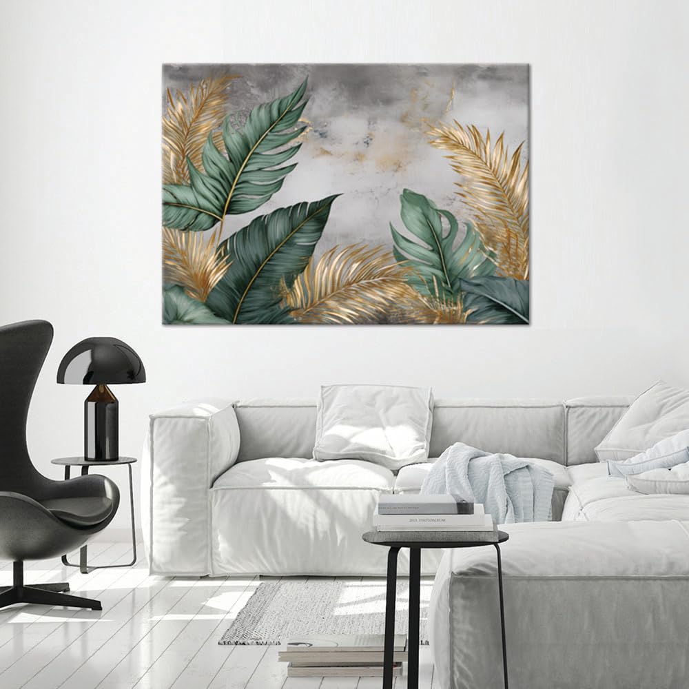 Feeby Viles - Leinwand Bilder - Goldene und Grüne Blätter - 120x80 cm - Deko Wohnzimmer - Wandbilder Schlafzimmer - Deko Aesthetic - Wand Deko - Leinwand Groß - Deko Zimmer - Leinwandbilder XXL