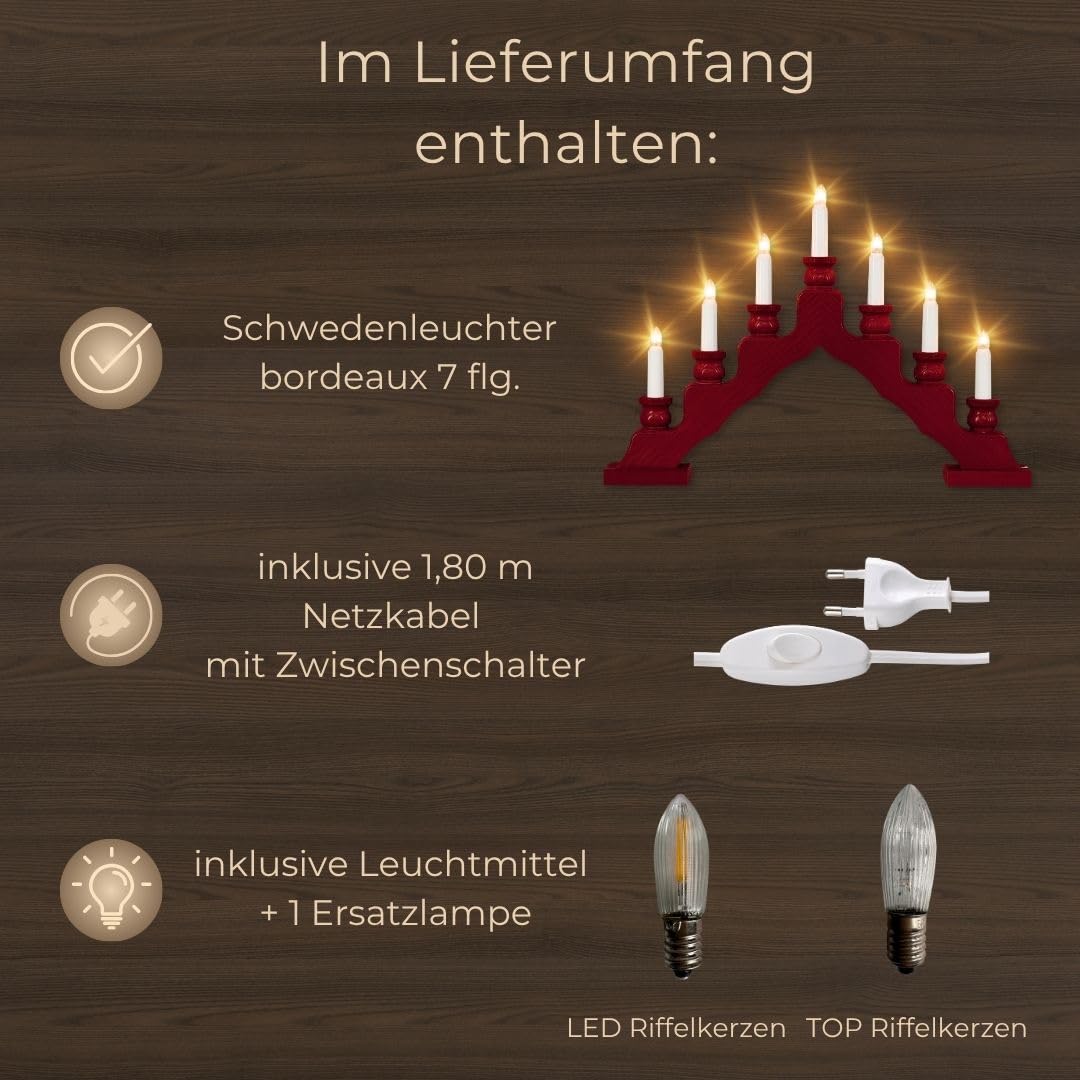 weigla - Schwedenleuchter original Erzgebirge I Trendiger Schwede BORDEAUX I Schwibbogen Weihnachten I 7 Lampenkerzen + 1 Ersatzlampe I 7 x 34 V, 3 W, E10 I Weihnachtsdeko innen I Kiefernholz