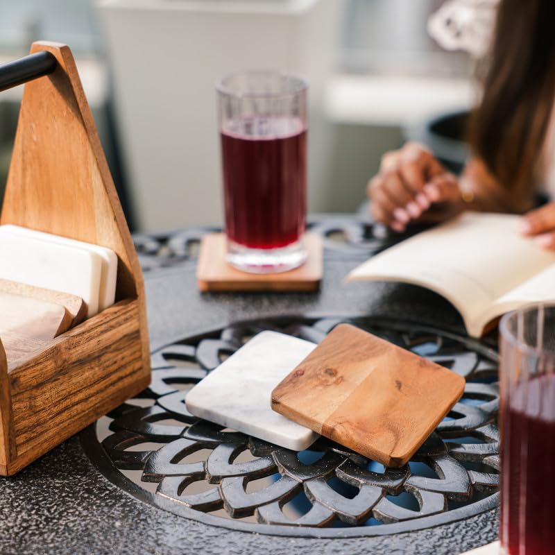 Image of Ireka Home CarryEase Coaster Set with Holder (Set of 8) - 4 Wooden & 4 White Marble Coasters for Tea, Coffee Mugs & Glasses - Home & Kitchen Decor