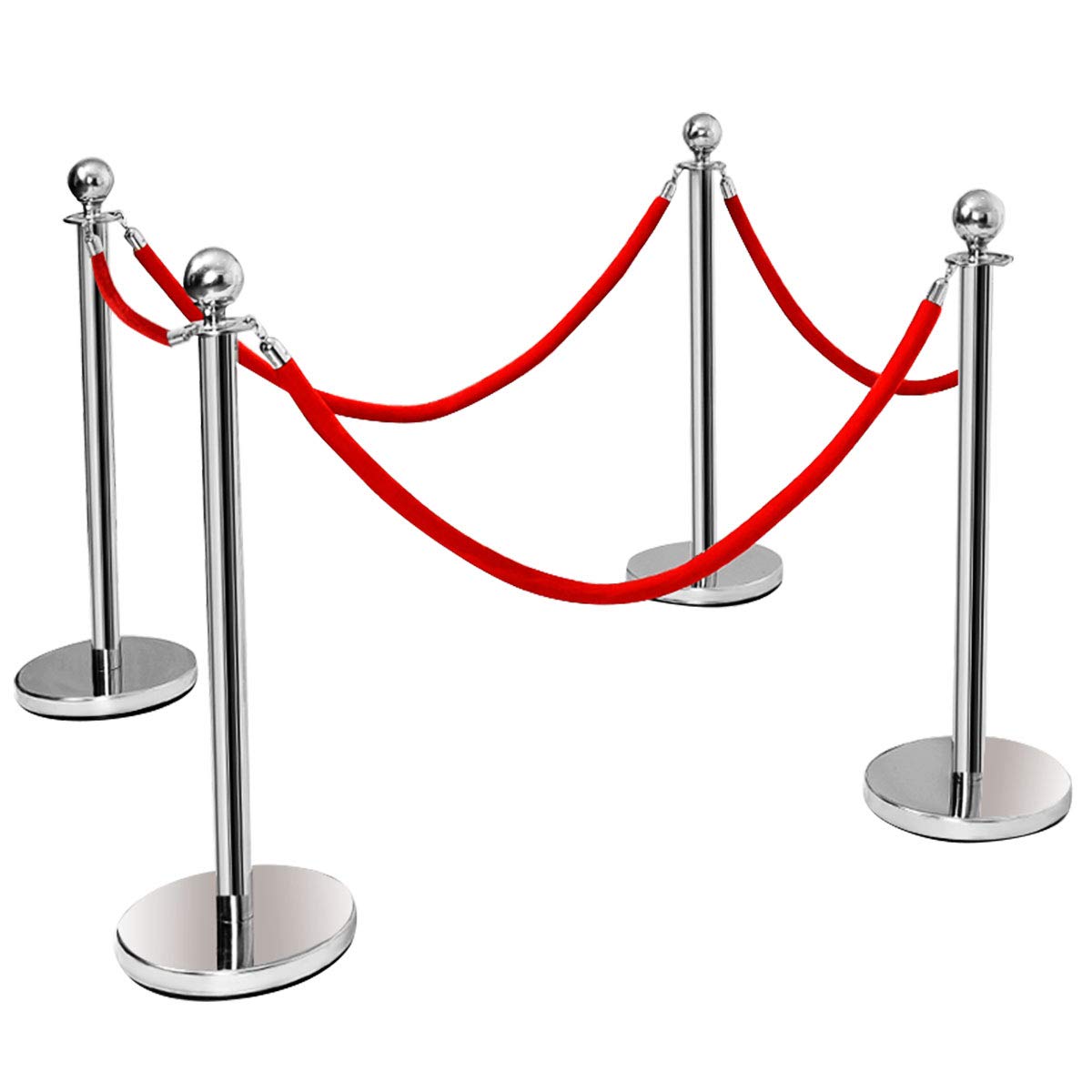 RELAX4LIFE Set di 4 Paletti Delimitazione, Colonnine Segnapercorso con Corde Rosse, Transenna Robusta in Acciaio Antiruggine, Barriera per Controllo della Folla, per Negozi e Hotel, 32 x 32 x 95 cm