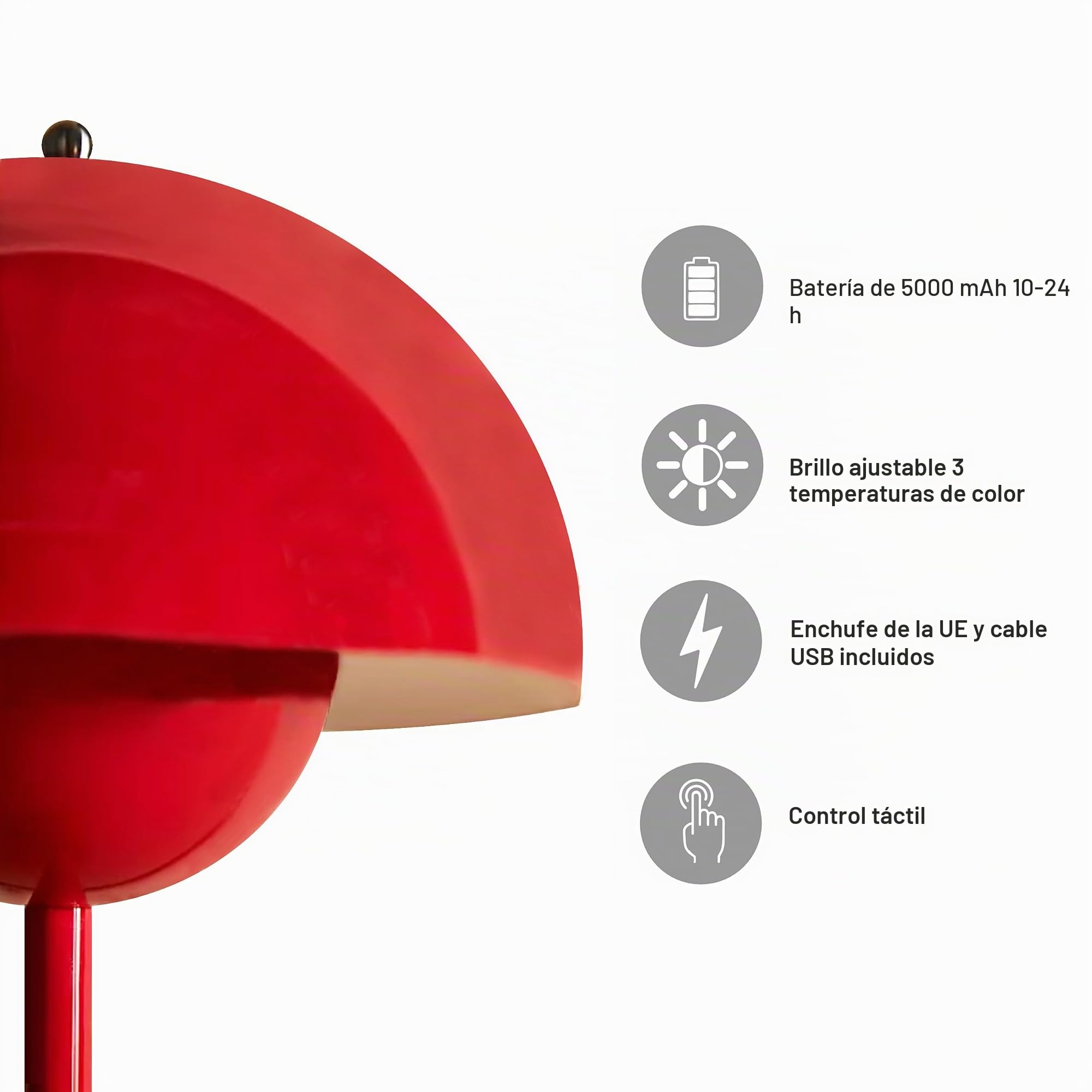 Lámpara de mesa LED Milan, forma de seta, inalámbrica, recargable 5000 mAh, color rojo, intensidad regulable y 3 temperaturas de color. IP44. Cable USB y enchufe UE incluidos.