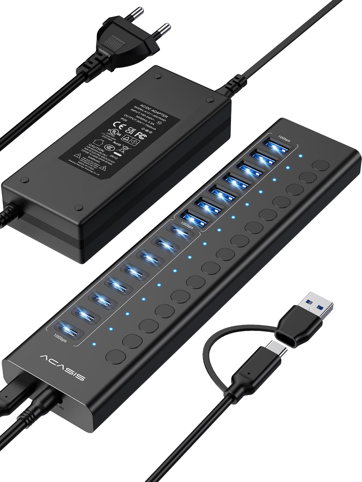 ACASIS Hub USB C 3.2 Alimentato 16 Porte 10Gbps 8 USB-A + 8 USB-C,96W | Alimentatore, Interruttori Individuali, Alluminio, per PC/Mac/Linux/Android, Disco Esterno e Chiavetta