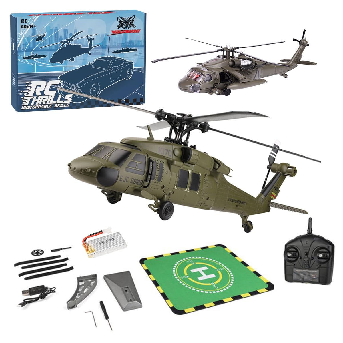 BuildCubes WL K170 Black Hawk UH-60L RC Helicopter, 170 Size 2.4G 4CH with 1/64 Black Hawk Helicopter Static Display Model Toy Gift - RTF
