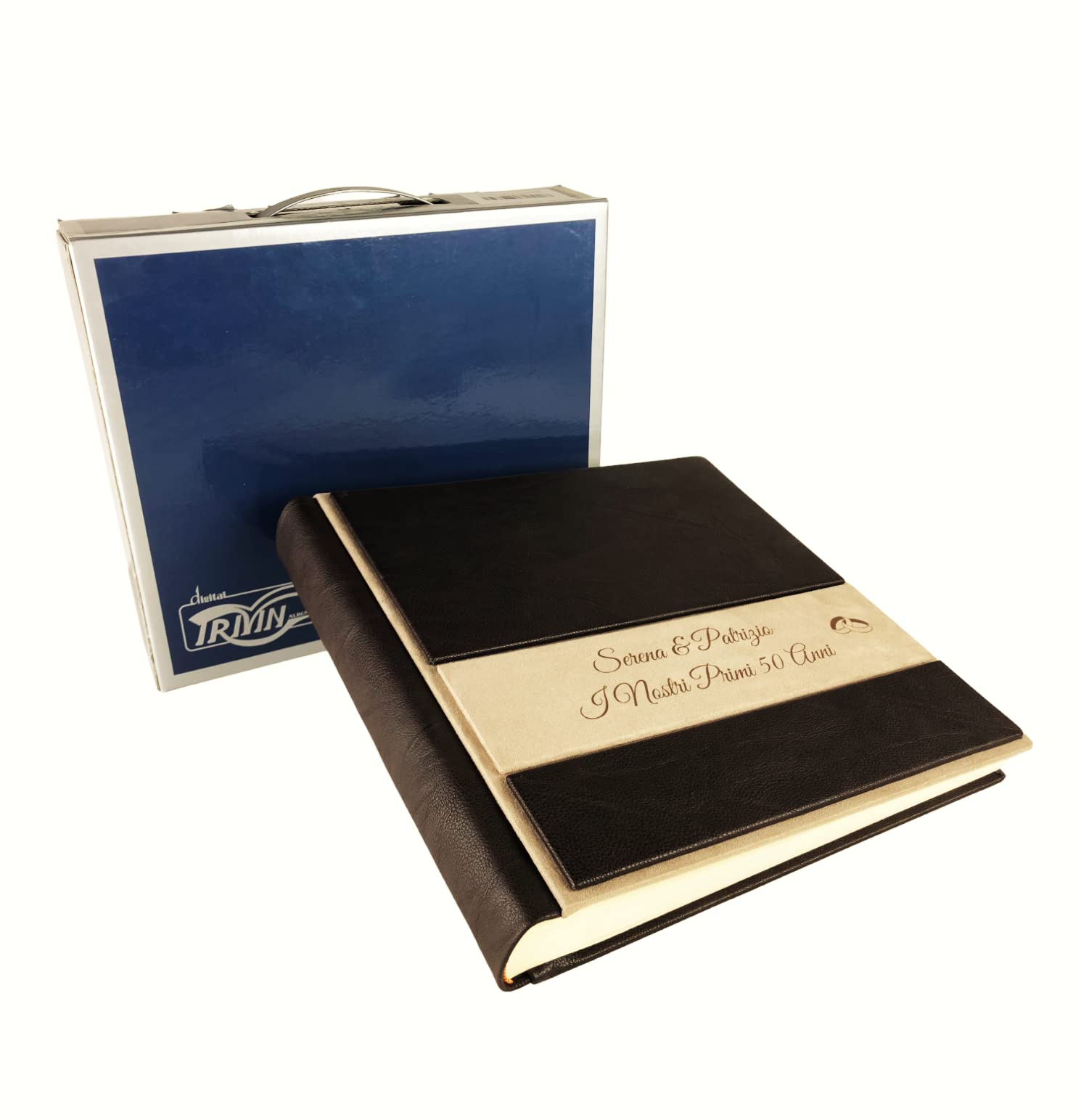 TriVin Art Album Fotografico Artigianale in Alcantara e Similpelle, Personalizzabile con Incisione. Ideale per Qualsiasi Evento. (Marrone Scuro/Avorio)