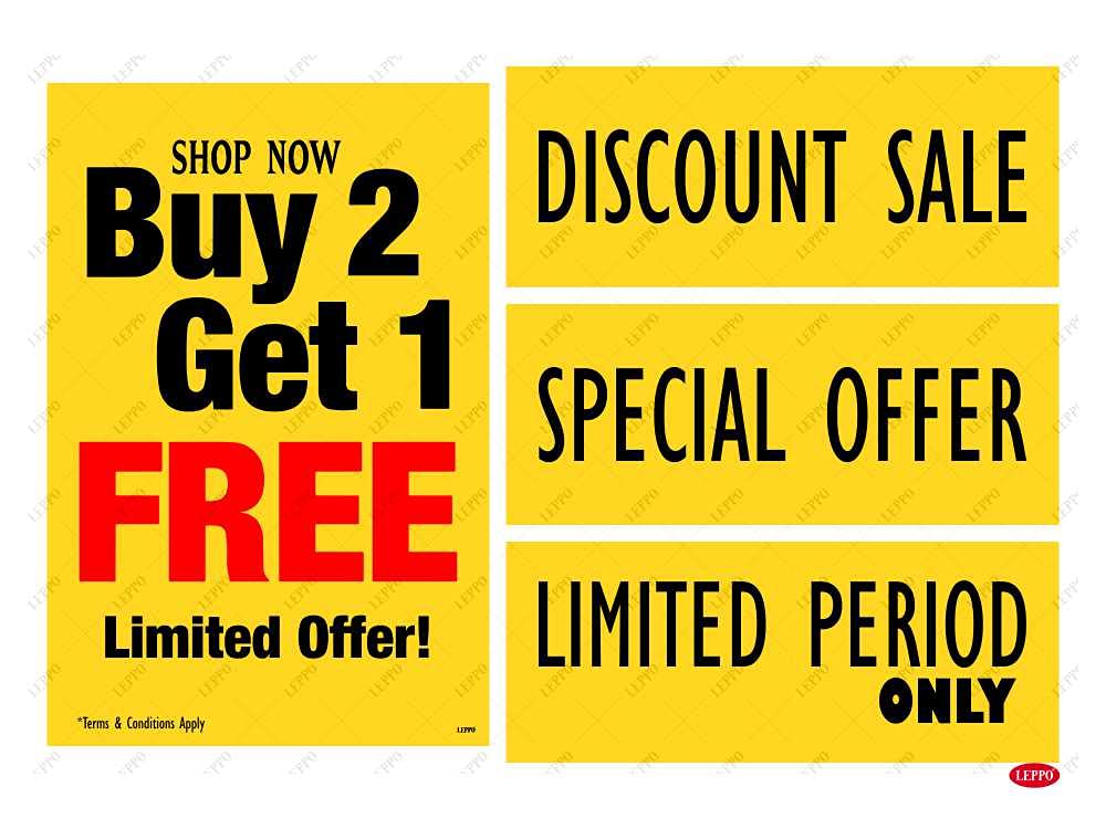 LEPPO Buy One Get One Free Sale Self Adhesive Laminated Poster & Stickers Use for Shops, Malls, Retail Stores Clearance Promotion Discount Deals - Combo Pack YELLOW (Buy 2 Get 1, 1 Pc Qty)