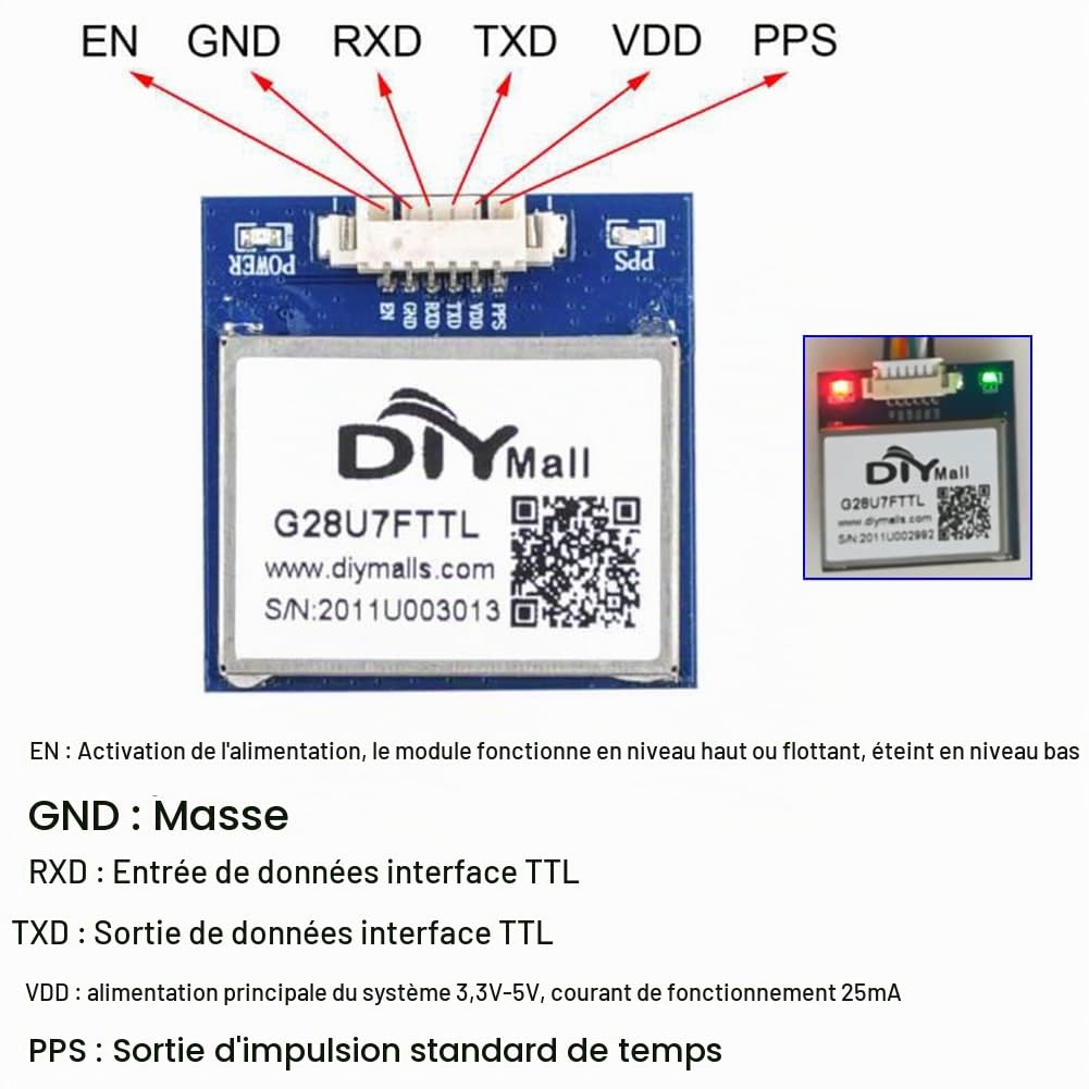 DIYmalls G28U7FTTL GPS récepteur Module 3.3V-5V avec antenne céramique Flash 9600bps 1Hz NMEA-0183 pour contrôle de vol Arduino Flight Control