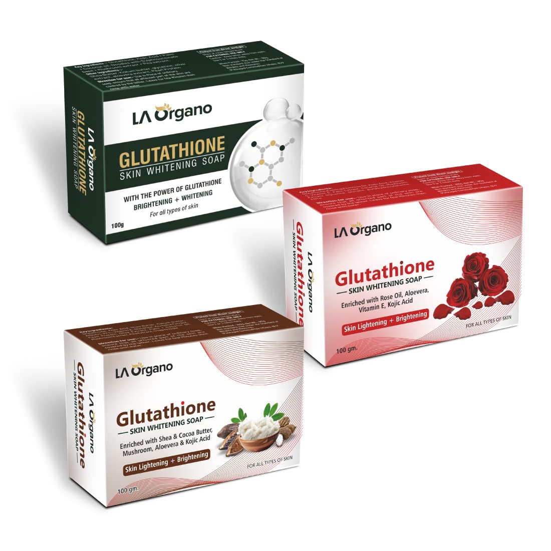LA Organo Glutathione Green, Rose & Shea Cocoa Butter Skin Brightening & Whitening Soap (Pack of 3) 300 g