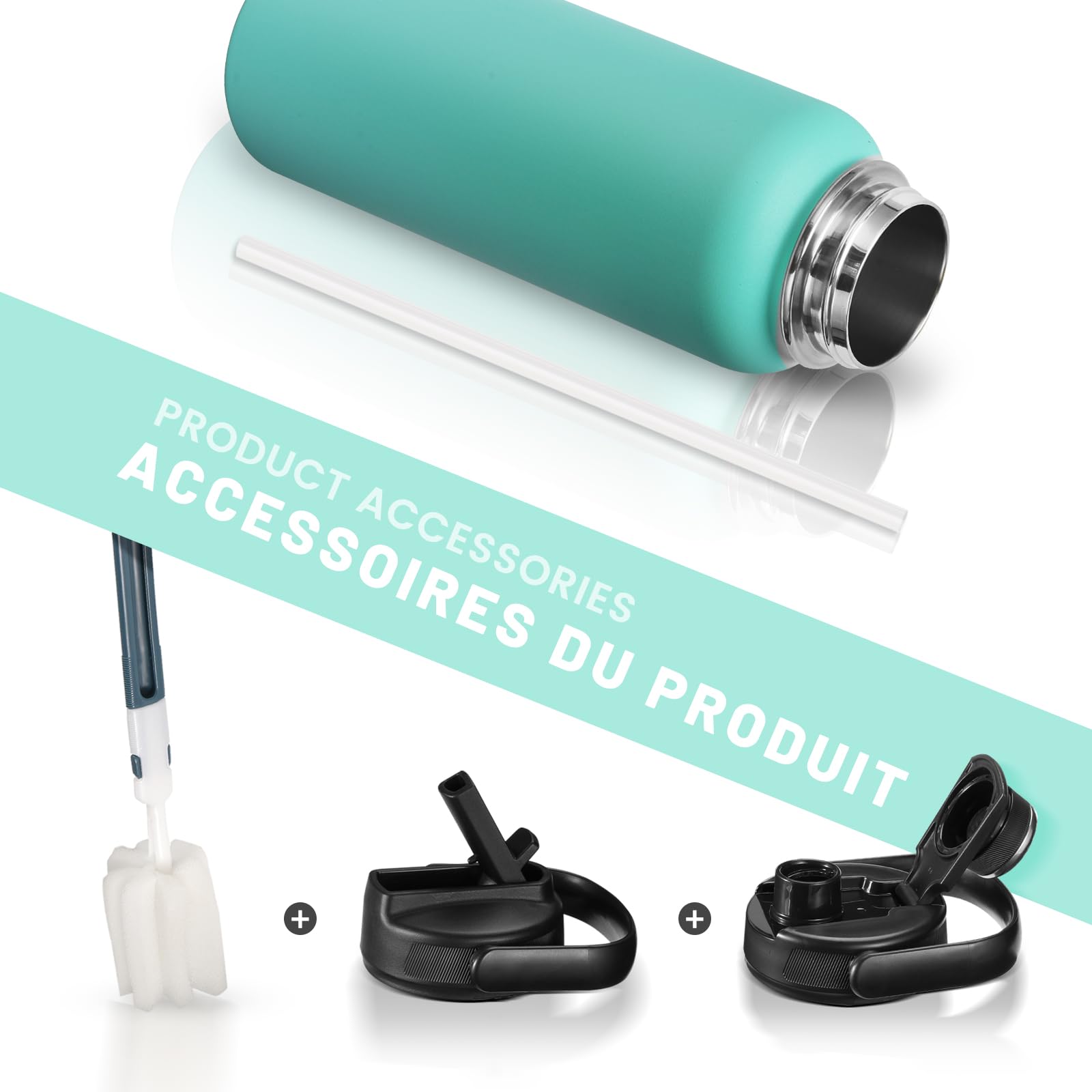 FJbottle Borraccia Termica con cannuccia - 2xTappi - 950ML/1200ML Bottiglia Termica - Senza BPA/Senza Perdite Borracce acciaio inox per Scuola, Sport, Palestra, Ciclismo