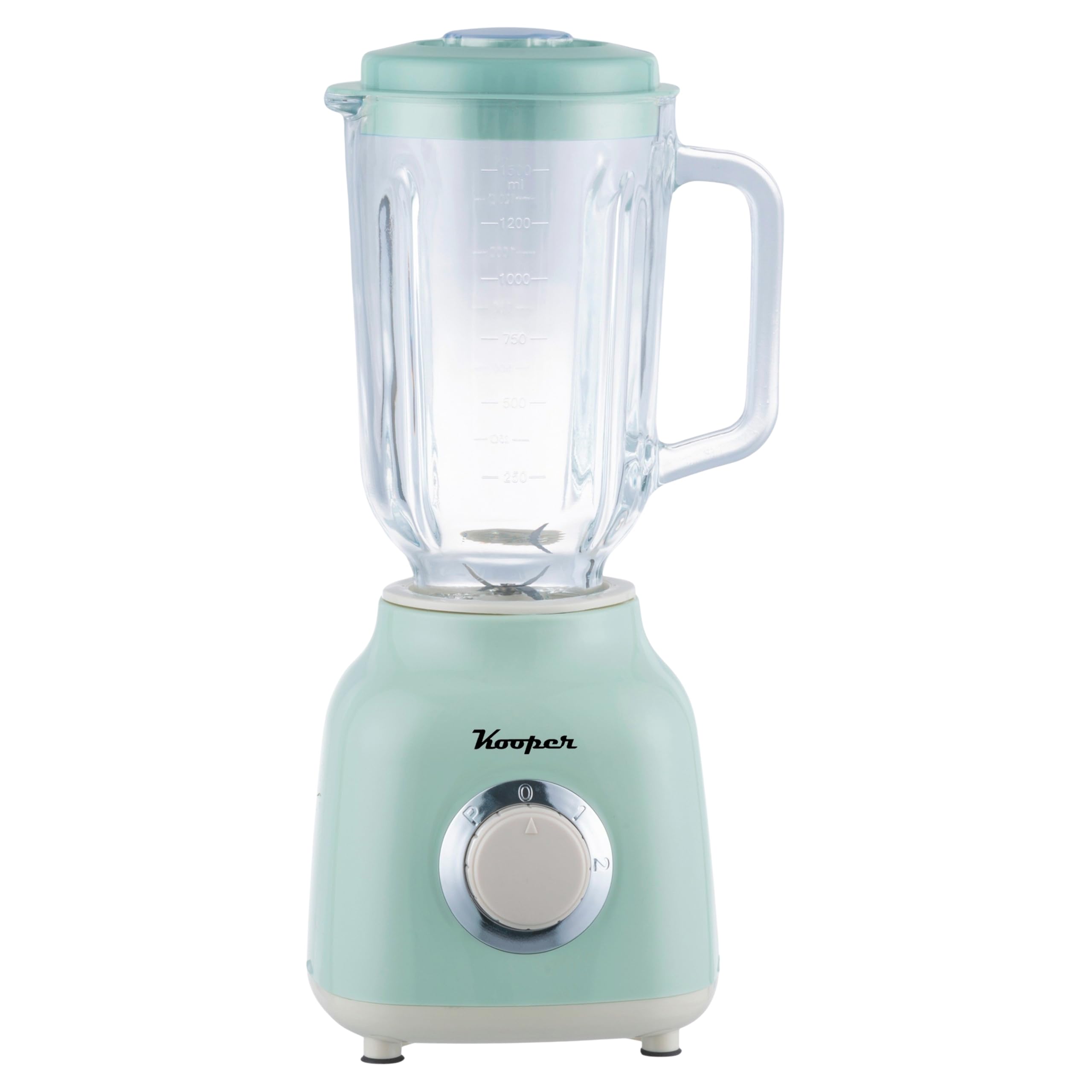 Blender elektryczny szałwia i kość słoniowa, szklany dzbanek stopniowany 1,5 l, ostrza ze stali nierdzewnej, 2 prędkości 500 W, Kooper