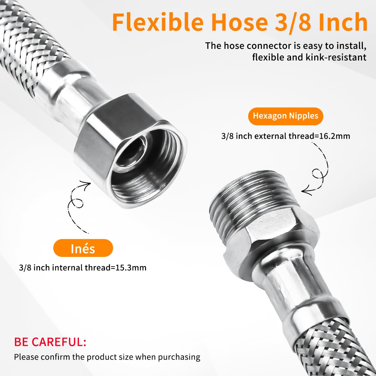 4 Pezzi Tubo Flessibile 3/8", Tubo Corazzato In Acciaio Inox 304, 3/8" Tubi Connessione con Raccordo & Filettatura Esterna per Rubinetto, Prolunga Flessibile per Lavandino, Cucina, Bagno (20 cm/10 cm)
