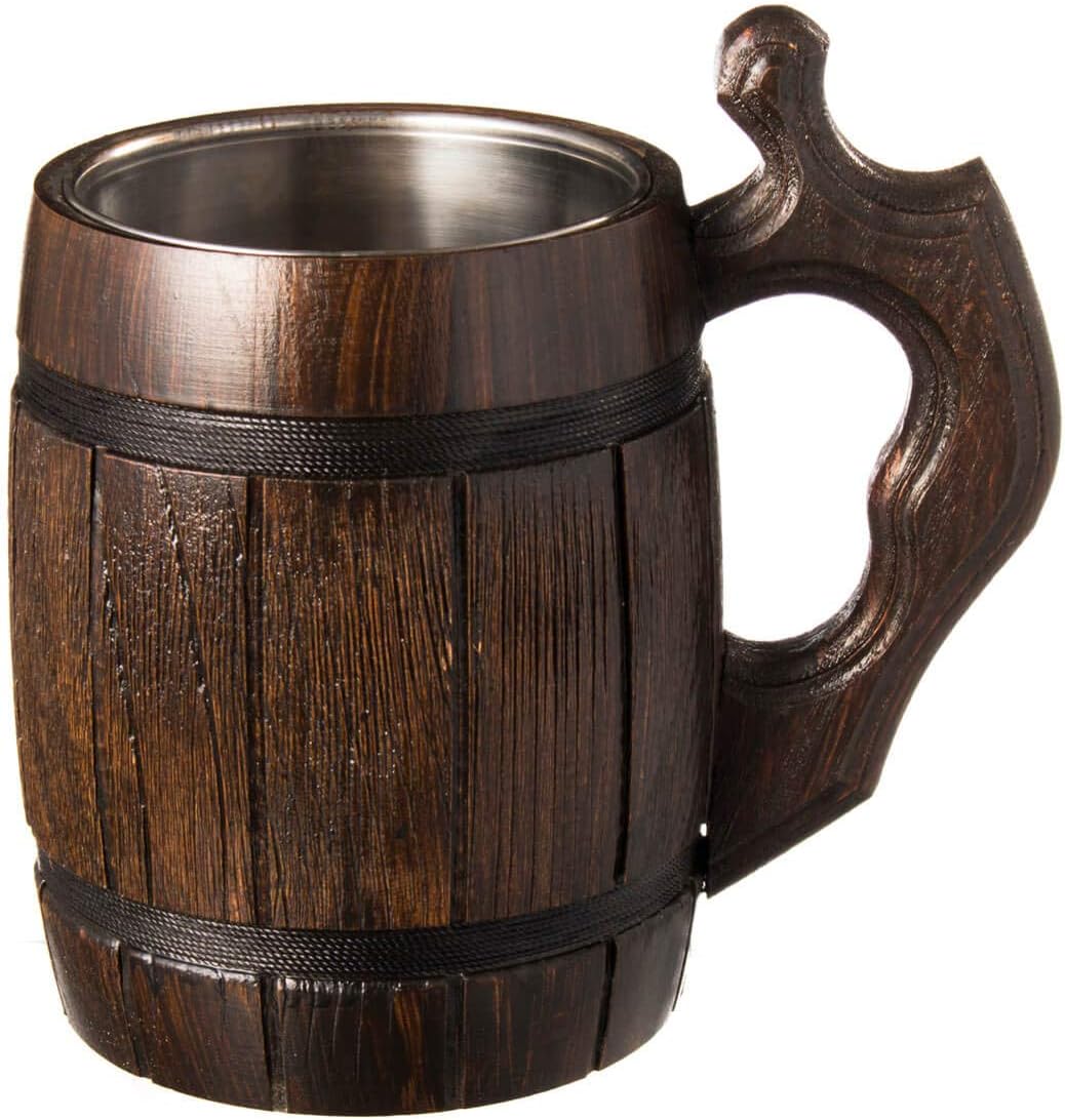 MFC Beer Mug 20 OZ - Tankard Mug - Beer stein - Wooden beer mug - Stainless Steel Cup - Handmade Gifts for Men - Fathers Day, Christmas or Birthday Gift Idea - Men Mug - Barrel Brown