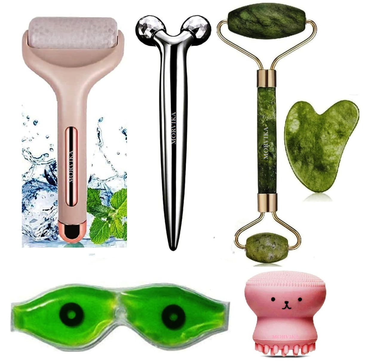 MORVIKA Anti Aging 100% Natural Stone Jade Roller With Gausha Tool, Ice Roller, 3D Face Roller Massager, Aloe Vera Cool Eye Mask Cooling Gel For Dark Circles And Octopus Face Massager Scrubber Brush (B0D299MBCG) Amazon Price History, Amazon Price Tracker