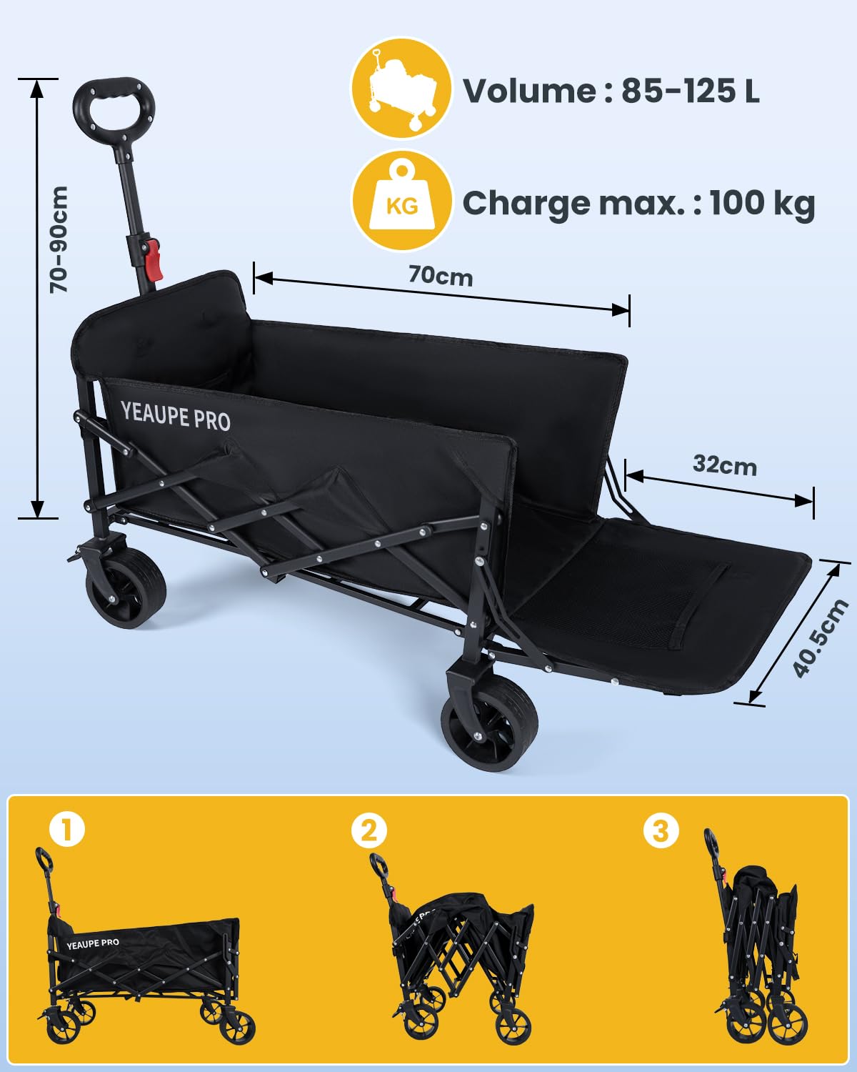YEAUPE PRO Chariot de Plage Pliable Capacité Max. 125L 100KG, Chariot de Transport à roulettes Tout Terrain Poignée Réglable Charrette pour Extérieur Camping Pique, avec Poche intérieure