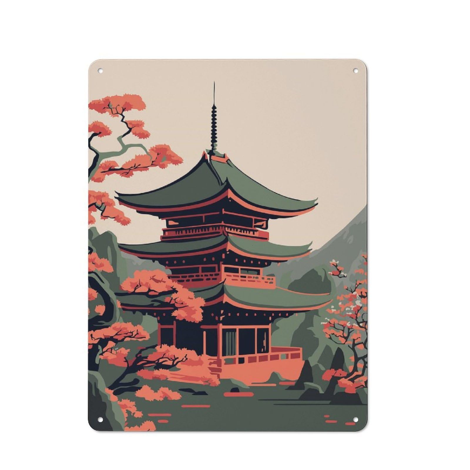 Rustic Pagoda Japan Decorative Tin Sign 40x30cm, Cottage Wall Art for Cottage, Kitchen, Hallway Or Breakfast Nook
