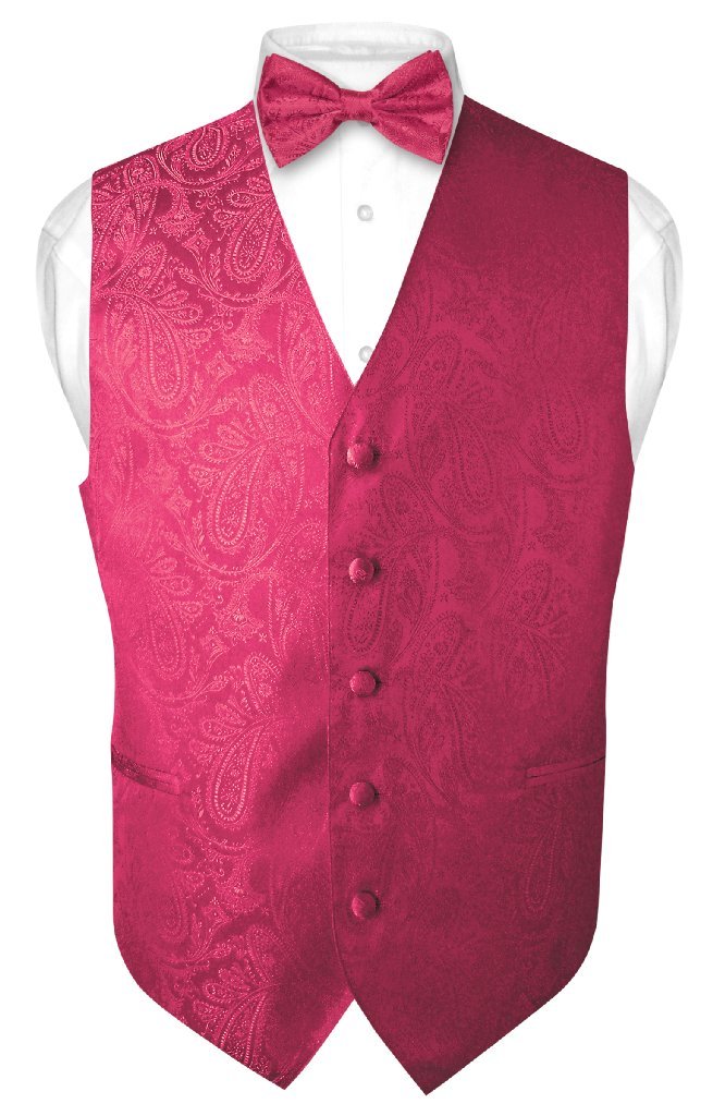 Men's Paisley Design Dress Vest & Bow Tie HOT Pink Fuchsia Color Bowtie Set-image-23
