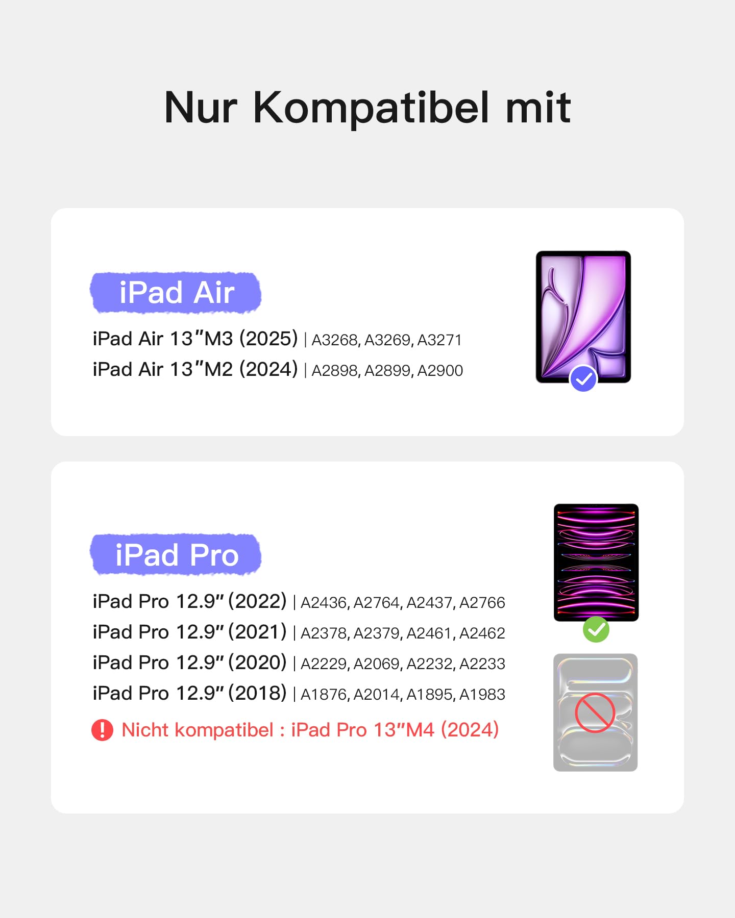 Inateck Tastatur Hülle für Air 13 Zoll M4/M3/M2(2026/2025/2024),iPad Pro 12.9 Zoll,Hoch-/Querformat Ständer,Abnehmbare Touchpad mit 7-Farbiger Hintergrundbeleuchtung,QWERTZ,KB04118