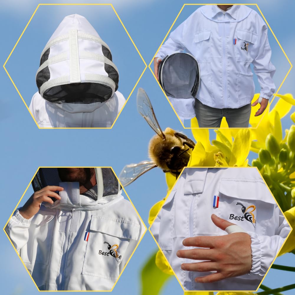 Best Bee vareuse Apiculteur en Tissu Épais et Coton de haute qualité, avec Fermeture Éclair robuste, Capuche Amovible, Poches Pour Outils - Veste Apiculture anti guêpes & abeilles M