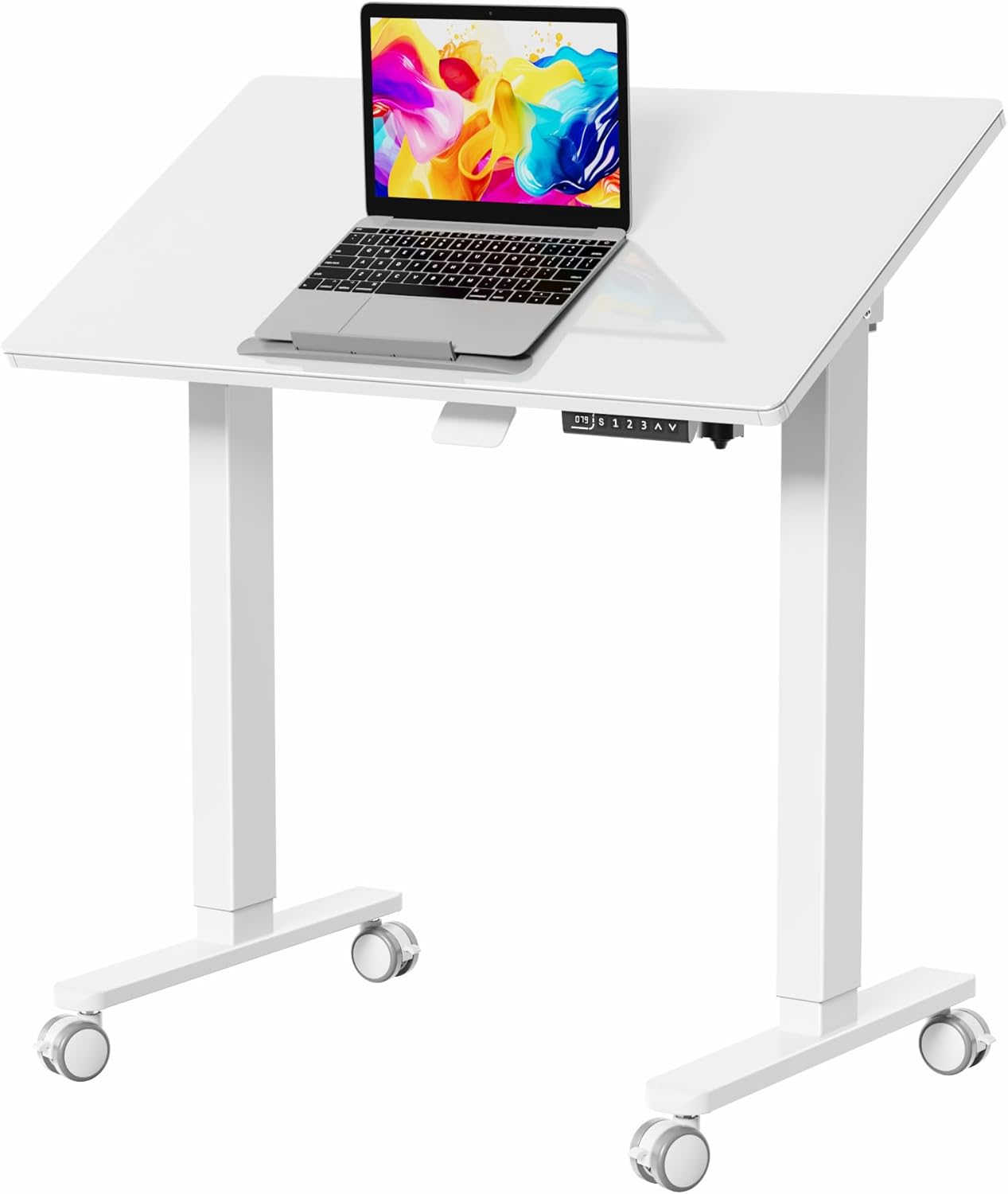 35inch Glass Standing Desk?90° Tiltable Mobile Rising Desk Height Adjustable?Whole Piece Rolling Sit Stand Table with Wheels?Foldable Small Laptop Desk?White