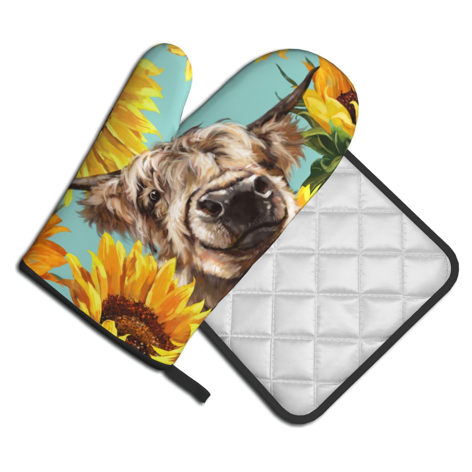 Oven Mitts and Pot Holders Set of 2 Pcs, Cow with Sunflowers in Blue Printed Heat Resistant Kitchen Gloves Potholders for Cooking Baking Grilling